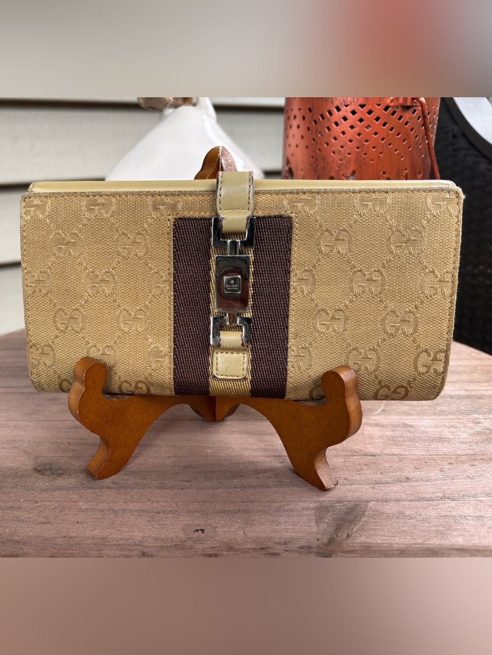 Gucci Beige Brown Monogram Wallet with Jackie Buckle Clasp